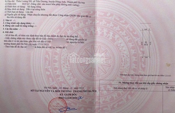 chinh chu bán mảnh 64m LUONG LỖ - TIÊN DƯƠNG