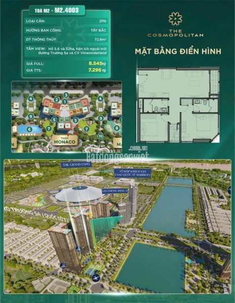 Căn hộ chung cư 2 ngủ, diện tích 72.8m2 tại chung cư The Cosmopolitan, vinhomes Cổ loa, đông anh,