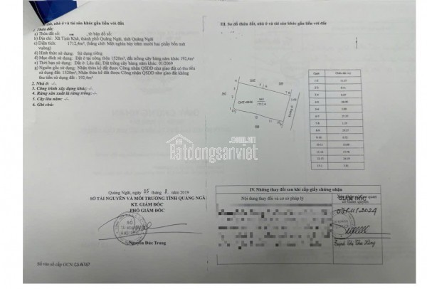 Bán đất thổ cư 1712m² Tịnh Khê, TP Quảng Ngãi - 6.5 tỷ, sổ đỏ