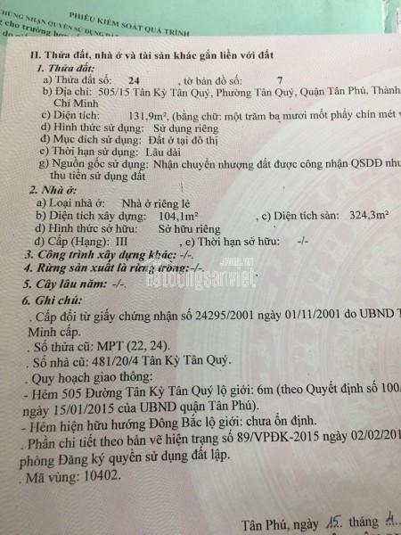 Bán Nhà Hẻm Xe Hơi 505/15 Tân Kỳ Tân Quý