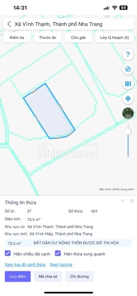 Bán đất thổ cư 73,5m² – đường 4m – Thôn Phú Thạnh, Vĩnh Thạnh, Nha Trang