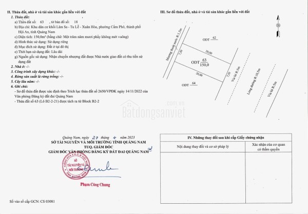 Bán đất mặt tiền Lê Hồng Phong khu Lâm Sa, Tu Lễ , Tp.Hội An