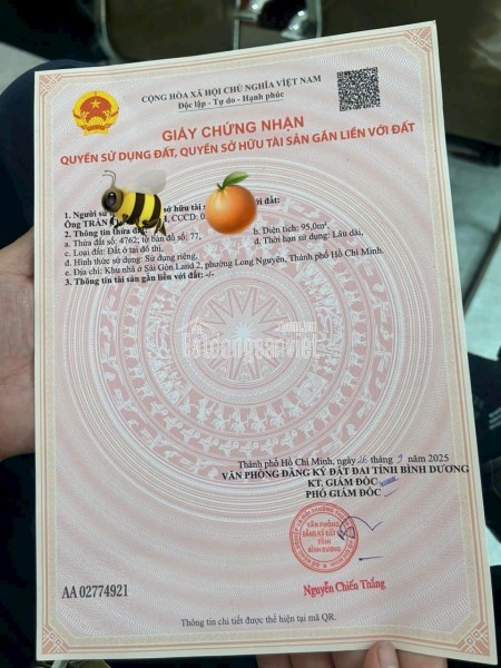 Bán đất MT đã có sổ hồng sang tên ngay , DT : 5m×19m giá 1T3