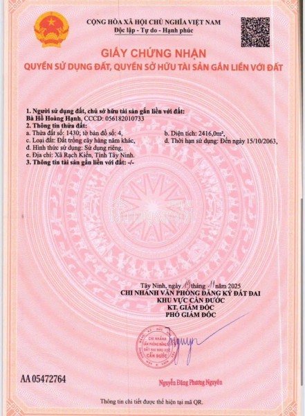 CẦN BÁN ĐẤT CÓ SỔ DT 3.000M2 TẠI XÃ RẠCH KIẾN- TỈNH TÂY NINH