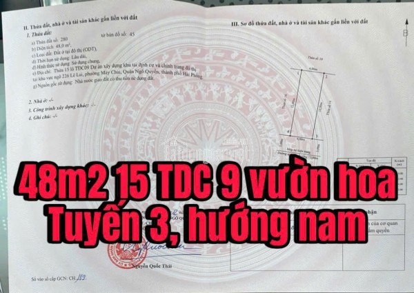 Bán Lô Đất 48m² Đối Diện Công Viên Tuyến 3 – Tái Định Cư 226 Lê Lai, Hải Phòng