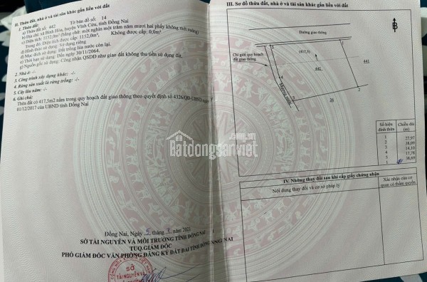 LÔ ĐẤT ĐẸP- GIÁ TỐT chính chủ cần bán nhanh lô đất tiềm năng tại huyện Vĩnh Cửu, tỉnh Đồng Nai