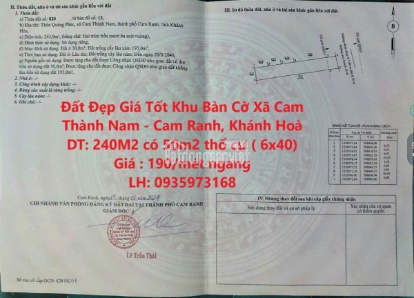 Đất Đẹp Giá Tốt Khu Bàn Cờ Xã Cam Thành Nam - Cam Ranh, Khánh Hoà