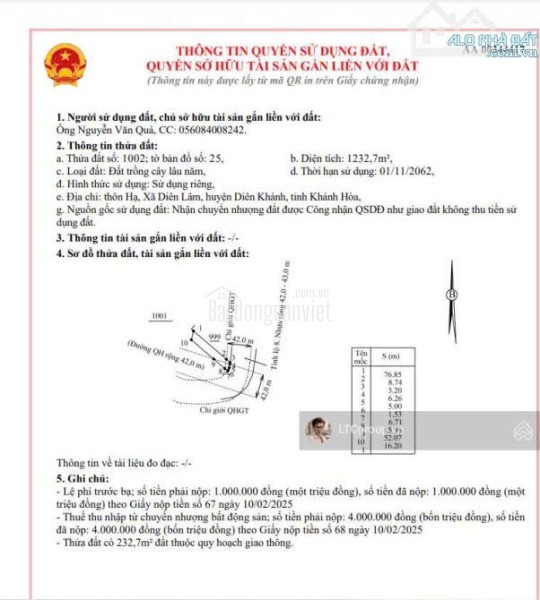 BÁN ĐẤT VƯỜN, DIÊN LÂM, DIÊN KHÁNH, MT TỈNH LỘ 8, 1232M2, GIÁ DƯỚI 2 TỶ