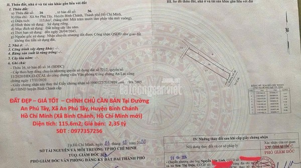 ĐẤT ĐẸP – GIÁ TỐT  – CHÍNH CHỦ CẦN BÁN Tại Đường An Phú Tây, Xã An Phú Tây, Huyện Bình Chánh