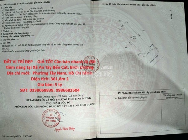 ĐẤT VỊ TRÍ ĐẸP  - GIÁ TỐT Cần bán nhanh lô đất tiềm năng tại Xã An Tây Bến Cát, Bình Dương