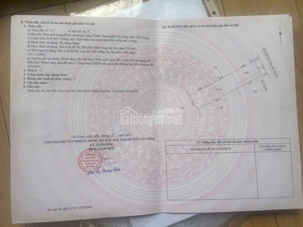 Bán đất Long Chánh – Gò Công – Diện tích 828,9m có 200 thổ cư – Hạ giá bán gấp 2,4tỳ