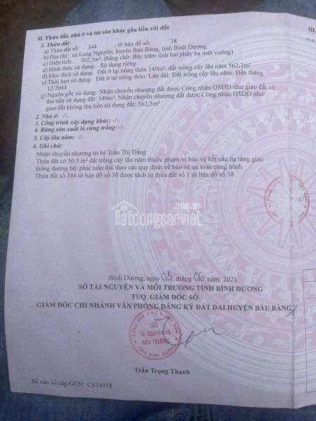 HOT - BÁN GẤP LÔ ĐẤT 702m² XÃ LONG NGUYÊN, BÀU BÀNG, BÌNH DƯƠNG – GIÁ CHỈ 1 TỶ 250, BAO SANG TÊN