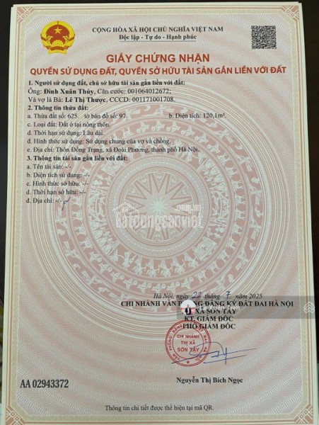 Lô đất 120.1m2 full thổ tại Đồng Trạng, Hòa Lạc mặt tiền 9,25m. Đường thông ôtô tránh. Chỉ 33tr/m2