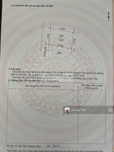 Lô đất 120.1m2 full thổ tại Đồng Trạng, Hòa Lạc mặt tiền 9,25m. Đường thông ôtô tránh. Chỉ 33tr/m2