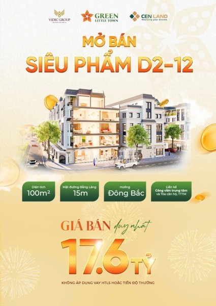 BÁN SIÊU PHẨM LIỀN KỀ  GREEN LITTLE TOWN 100M 5 TẦNG NHỈNH 17 TỶ