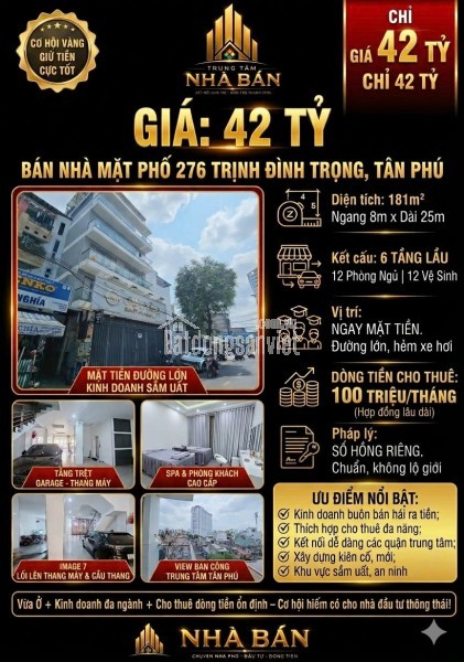 NHÀ MẶT TIỀN 276 TRỊNH ĐÌNH TRỌNG TÂN PHÚ - 181M2 - 800M2 SD - 6 TẦNG - 12PN - 42 TỶ - SHR - LH