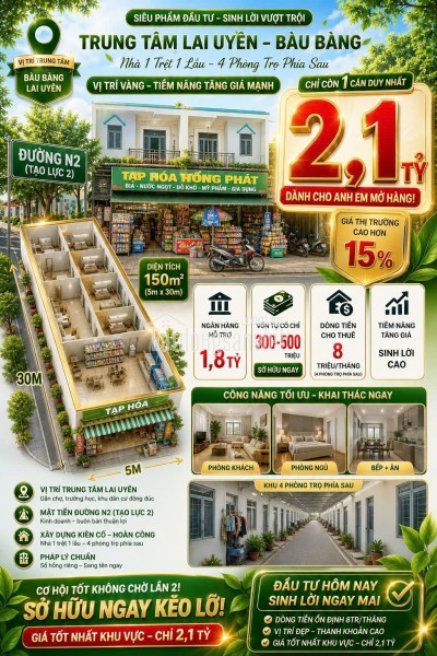 Nhà Mặt Tiền ngay QL13 Bàu Bàng 5x30 nhà đẹp đang cho thuê dòng tiền - 150m2 - 6PN - Sổ Đỏ - Giá