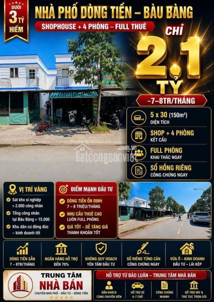 Nhà Mặt Tiền ngay QL13 Bàu Bàng 5x30 nhà đẹp đang cho thuê dòng tiền - 150m2 - 6PN - Sổ Đỏ - Giá