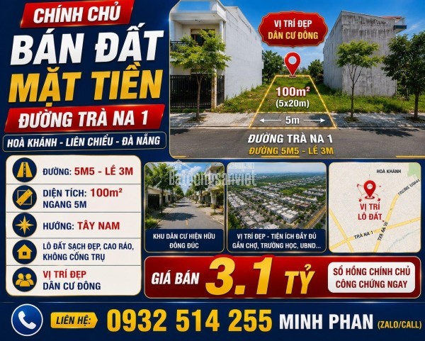 Bán Lô Đất Trà Na 1 - Hoà Khánh - Liên Chiểu - Đà Nẵng - Đường 5m5 lề 3m Giá chỉ 3 tỷ