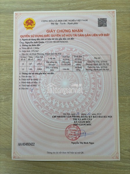 lô đất trung tâm sơn tây hà nội 215m2 giá nhỉnh 10tr.m2