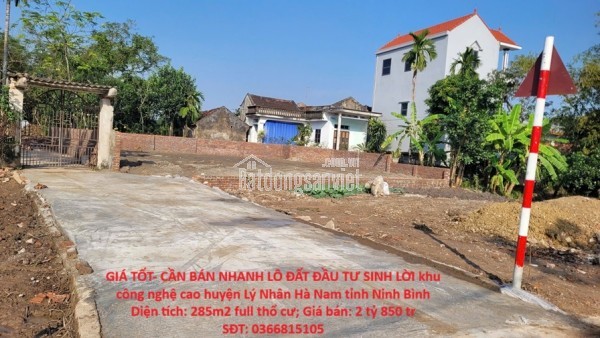 GIÁ TỐT- CẦN BÁN NHANH LÔ ĐẤT ĐẦU TƯ SINH LỜI khu công nghệ cao huyện Lý Nhân Hà Nam tỉnh Ninh Bình