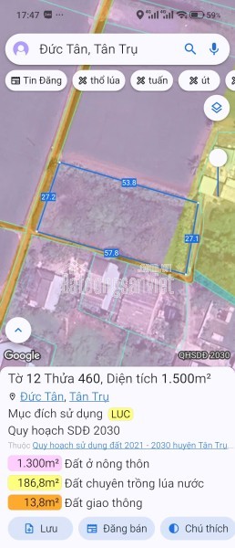 Bán đất lúa chuyển thổ xã Vàm Cỏ gần Quốc Lộ 50B giá 2,4 tỷ