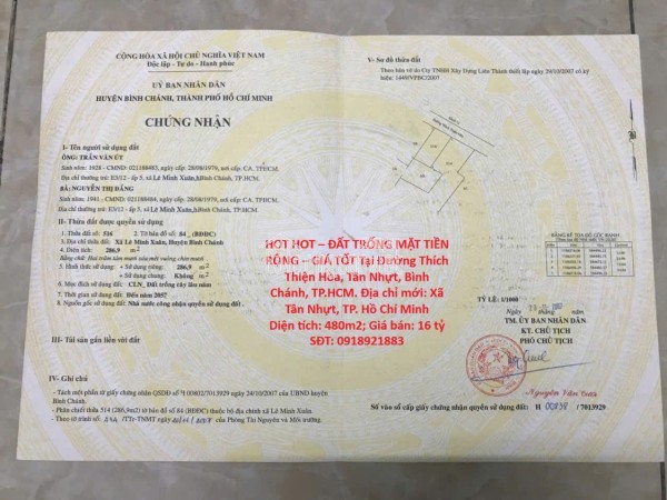 HOT HOT – ĐẤT TRỐNG MẶT TIỀN RỘNG – GIÁ TỐT Tại Đường Thích Thiện Hòa, Tân Nhựt, Bình Chánh, TP.HCM