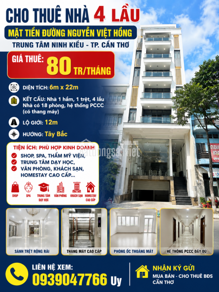 Cho thuê nhà 4 lầu Mặt tiền Đường Nguyễn Việt Hồng Trung Tâm Ninh Kiều TPCT