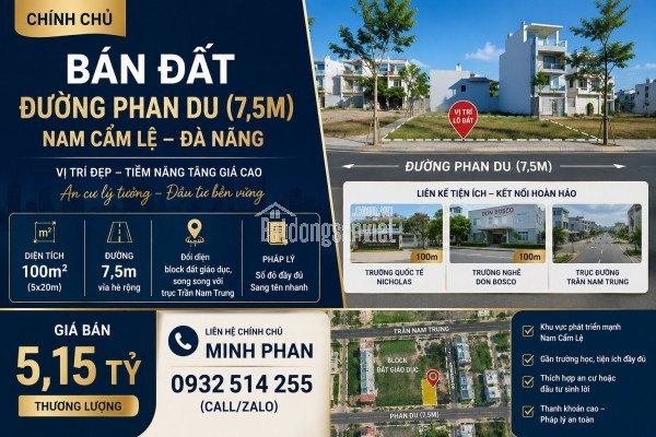 Bán đất đường Phan Du đường 7m5 -  Cẩm Lệ  gần trường Quốc tế Nicholas sổ đỏ sẵn.
