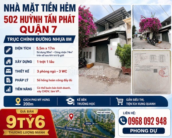BÁN 2 TẦNG  NHÀ HẺM XE HƠI 502 HUỲNH TẤN PHÁT – QUẬN 7 NGAY TRUNG TÂM QUẬN 7