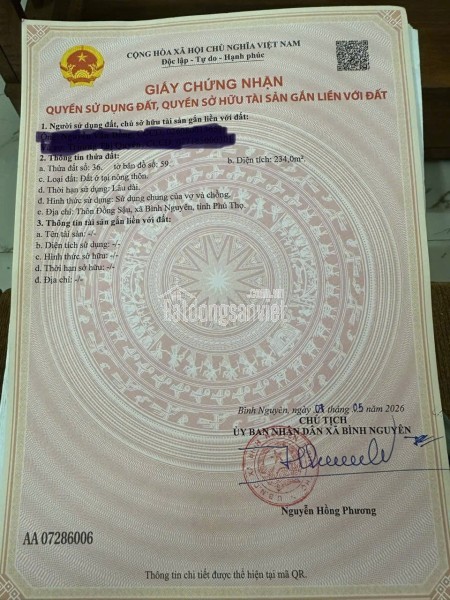 CHÍNH CHỦ BÁN NHÀ ĐẤT THỔ CƯ – KHU ĐỒNG SẬU, ĐỒNG TIẾN, BÌNH NGUYÊN, PHÚ THỌ
