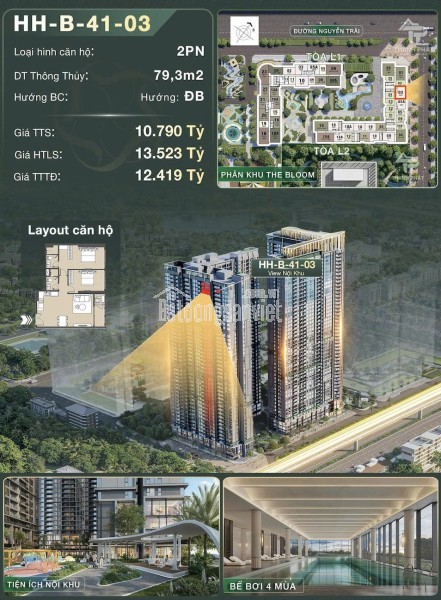 BÁN CĂN 2PN VIEW NỘI KHU  86.2M²  BAN CÔNG ĐÔNG NAM  HANOI SEASONS GARDEN