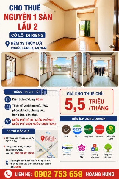 CHO THUÊ 60m2 , NGUYÊN 1 SÀN LẦU 2 , CÓ LỐI DI RIÊNG, TẠI HẺM 33 THUỶ LỢI , PHƯỚC LONG A, Q9 HCM