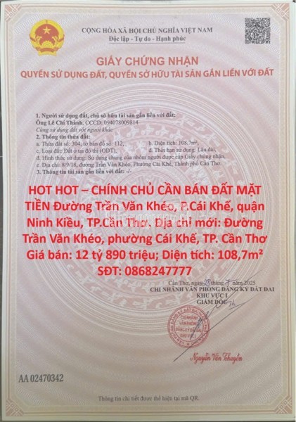 HOT HOT – CHÍNH CHỦ CẦN BÁN ĐẤT MẶT TIỀN Đường Trần Văn Khéo, P.Cái Khế, quận Ninh Kiều, TP.Cần Thơ