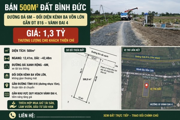 Bán 500m² Đất Bình Đức – Đường 6m – Gần ĐT 816, Vị Trí Đẹp